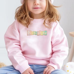 May include: A light pink sweatshirt with the word "Disneyland" embroidered across the chest in pastel colors. The sweatshirt is long-sleeved and appears to be made of a soft material. The design is suitable for children.
