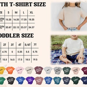 Pode incluir: Tabela de tamanhos de camisetas para jovens e crian&ccedil;as pequenas, com medidas em polegadas. A tabela inclui tamanhos S a XL para jovens e 2T a 7T para crian&ccedil;as pequenas. Uma variedade de cores de camisetas &eacute; exibida abaixo.