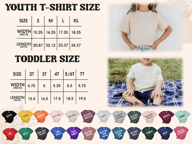 Pode incluir: Tabela de tamanhos de camisetas para jovens e crian&ccedil;as pequenas, com medidas em polegadas. A tabela inclui tamanhos S a XL para jovens e 2T a 7T para crian&ccedil;as pequenas. Uma variedade de cores de camisetas &eacute; exibida abaixo.