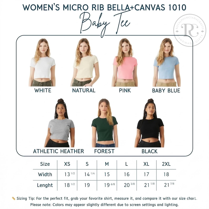 K&ouml;nnte beinhalten: Produktbild eines Baby Tee Women's Micro Rib Bella+Canvas 1010 in Wei&szlig;, Natur, Pink, Babyblau, Athletic Heather, Forest und Schwarz. Die Abbildung enth&auml;lt eine Gr&ouml;&szlig;entabelle mit Ma&szlig;en in Zentimetern.