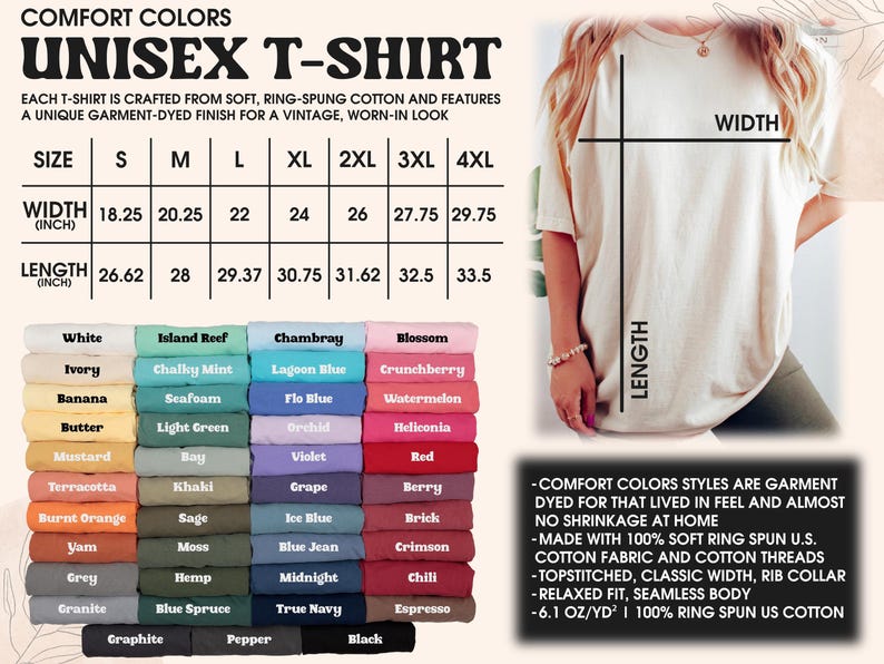 May include: A unisex t-shirt in various colors, with size and measurement details. The shirt is made of soft, ring-spun cotton and features a garment-dyed finish. The image also includes a woman wearing a cream-colored t-shirt.