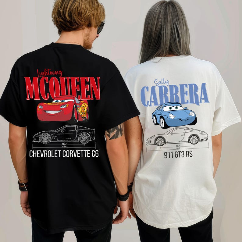 May include: Black and white t-shirt featuring Lightning McQueen from the Cars movie, with the text "Lightning McQueen" in red. Below is a schematic of a Chevrolet Corvette C6. A white t-shirt features Sally Carrera, with the text "Sally Carrera" in blue, and a schematic of a 911 GT3 RS.