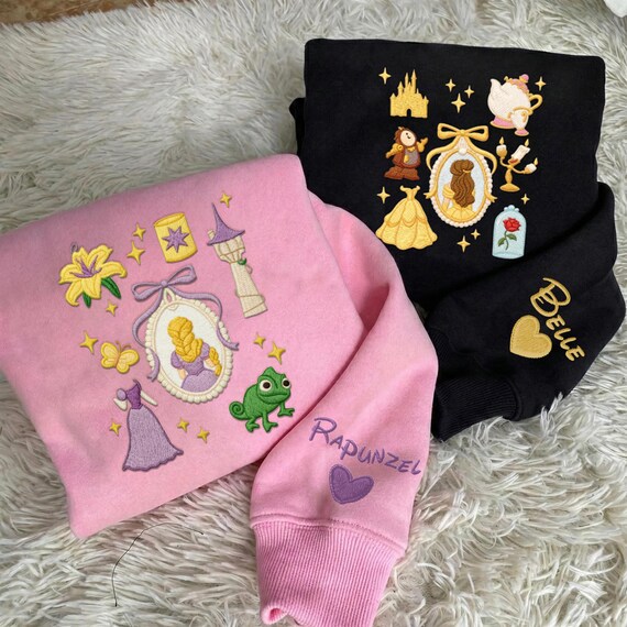 Personalized Cartoon Princess Embroidered Sweatshirt, Magic Kingdom Embroidered Jumper, Princess Icon Embroidered Sweaters, Girl Trip Shirt