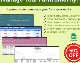 May include: A light green graphic with the text "Manage Your Farm Smartly!" and "A spreadsheet to manage your farm sales easily." The image shows sample spreadsheets with data, charts, and a 50% off badge.