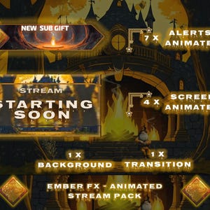Peut inclure: Pack de stream numérique sur le thème de la fantaisie. Comprend des alertes, des écrans et des transitions animés. Le design présente un château, du feu et le texte "Starting Soon" et "New Sub Gift".