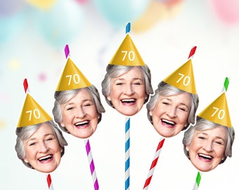 Custom Photo Straws Face Cutout 50th 60th 65th 70th Birthday Party Decorations Personalised Parties Parents Grandad Grandma UCPFS70