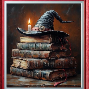 Witch Hat on Books Halloween Print Bundle  of 4 Dark Academia Wall Art Vintage Wizard Hat & Books Cottagecore Fall Decor | Witchy Wall Decor