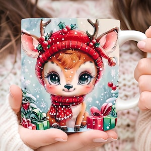 3D Christmas Deer Mug Wrap Sublimation Designs | 11oz & 15oz Coffee Mug Wrap | Festive Deer Christmas Mug PNG Digital Download