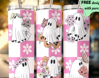 Retro Halloween Checkered Ghost 20oz Tumbler Wrap | Pastel Spooky Season | Sublimation PNG for Skinny Tumbler.