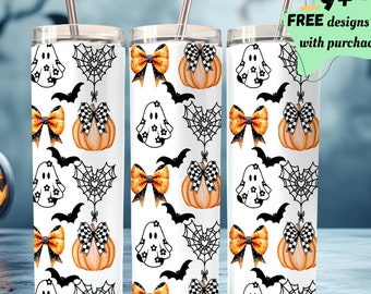 Cute Ghost, Pumpkin, Spiderweb Bow Tumbler Wrap PNG | 20oz Skinny Sublimation | Seamless Halloween Design | Instant Download