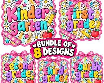 Back to School PNG Bundle, Coquette Bow Teacher Sublimation Designs, Pre-K to Fifth Grade Para Shirt PNG, Digital Download