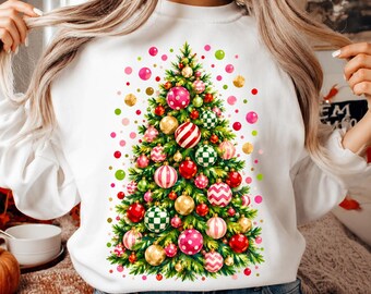 Preppy Christmas Tree PNG, Pink and Green Checkered Ornament Holiday Design, Hand Painted Xmas Sublimation, Girly Digital Download