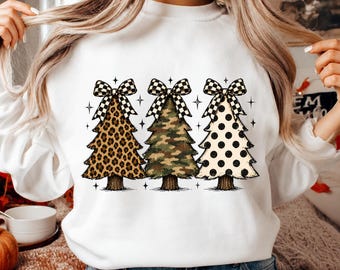 Leopard Camo Christmas Tree PNG, Checkered Bow Christmas PNG, Polka Dot Xmas Tree Shirt Design, Distressed Preppy Holiday Sublimation
