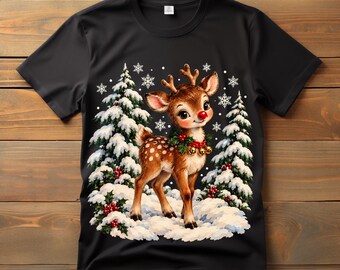 Vintage Reindeer PNG, Cute Baby Reindeer With Red Nose, Holly Jingle Bells Snowy Pine Trees, Retro Christmas Sublimation Digital Download