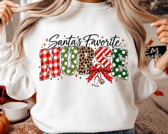 Santa's Favorite Nurse PNG, Christmas Nurse Sublimation Design, Preppy Leopard Checkered Holiday Shirt, Distressed Digital Download