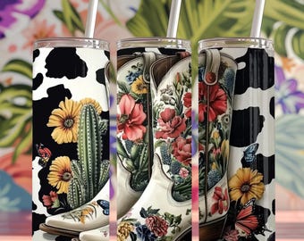 Western Cowgirl Boots Tumbler Wrap | 20 oz Skinny Sublimation Design | Digital Download | Cactus & Flowers