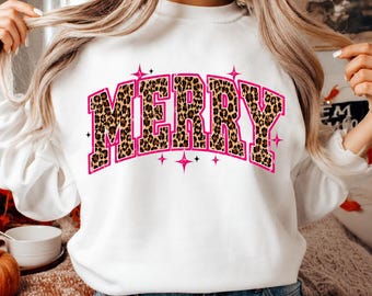 Merry Leopard Print Christmas PNG, Pink Varsity Arched Letters Holiday Sublimation, Girly Retro Christmas Shirt Digital Download
