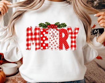 Merry PNG, Red Gingham Polka Dot Christmas Lettering, Holly Berry Bow Christmas Shirt Sublimation Design, Retro Holiday Digital Download