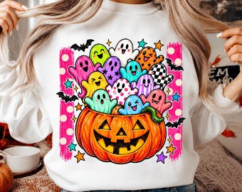 Colorful Ghost Pumpkin PNG, Cute Halloween Ghosts Sublimation Design, Boo Crew Shirt Digital Download, Jack O Lantern Clipart