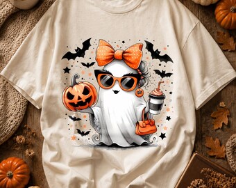 Halloween Ghost PNG, Girly Ghost With Pumpkin & Coffee, Orange Bow Sunglasses, Spooky Season Shirt Sublimation Digital Download