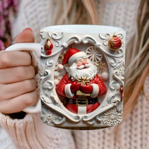 3D Santa Claus Mug Wrap PNG | 11oz & 15oz White Mug Design PNG | Christmas Mug Sublimation | Digital Download PNG