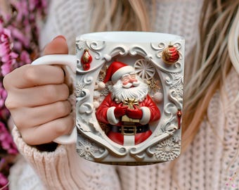 3D Santa Claus Mug Wrap PNG | 11oz & 15oz White Mug Design PNG | Christmas Mug Sublimation | Digital Download PNG