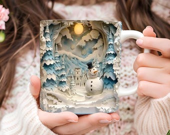 3D Snowman Mug Wrap Design, 11oz & 15oz Mug Template, Hole In A Wall Snowman Sublimation PNG, Mug Wrap Template Digital Download