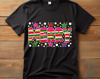 Preppy Merry PNG, Pink Green Striped Lettering, Polka Dot Holiday Design, Retro Xmas Shirt Sublimation, Girly Christmas Digital Download