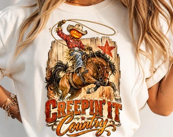 Creepin It Country PNG, Western Halloween Pumpkin Head Cowboy on Bucking Horse, Retro Rodeo Spooky Shirt Sublimation Digital Download