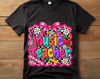 Music Teacher PNG, Coquette Bow Teacher Sublimation Design, Checkered Daisy Back to School Digital Download, Teacher Shirt PNG