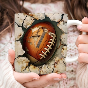 3D Football Mug Wrap, Cracked Hole Football Mug Wrap Sublimation Design, 3D Sport Mug Wrap PNG for 11oz and 15oz Mugs