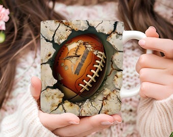 3D Football Mug Wrap, Cracked Hole Football Mug Wrap Sublimation Design, 3D Sport Mug Wrap PNG for 11oz and 15oz Mugs
