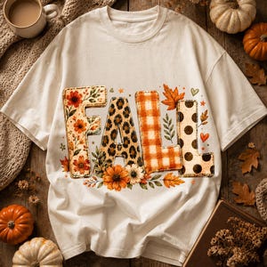 Herbstliche Patchwork-Buchstaben (PNG), Herbstliches Sublimationsdesign, Kariertes Blumenmuster für Herbsthemden (PNG), Rustikaler Kürbis (Digitaler Download)