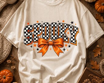 Spooky Checkered Halloween PNG, Retro Varsity Orange Coquette Bow Sublimation Design, Halloween Shirt Digital Download