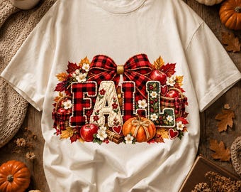 Fall Buffalo Plaid PNG, Faux Embroidered Fall Sublimation Design, Apple Pumpkin Autumn Shirt PNG, Cozy Coquette Bow Digital Download