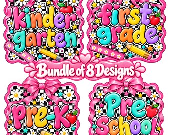 Back to School PNG Bundle, Coquette Bow Teacher Sublimation Designs, Preschool to Fifth Grade Checkered Shirt PNG, Digital Download