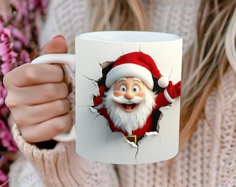 3D Santa Mug Wrap PNG | Christmas Coffee Mug Sublimation Design for 11oz & 15oz Mugs | Festive Digital Download |Crack Wall Holiday Template