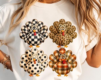 Thanksgiving Turkey PNG, Checkered Leopard Polka Dot Plaid Turkeys, Pearl Bow Fall Sublimation, Preppy Autumn Shirt, Digital Download