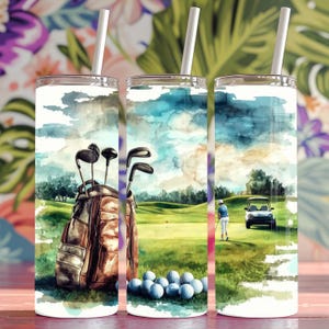 Seamless Textured Canvas Golfer & Landscape Design, Golf 20oz Skinny Straight Tumbler Sublimation Design | Tumbler Wrap PNG Digital Download