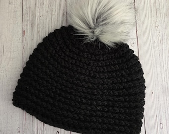 Surell hand sewn crocheted black hat w/ faux fur Pom $90 Surell Womens Black Crochet Fox Fur Pompom Beanie Hat  main image 2