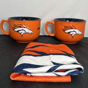 2 NFL Denver Broncos XL coffee mugs 32oz Orange and Navy Blue Benefits Charity