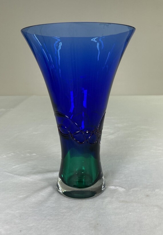 Makora Krosno Poland Hand Blown Cobalt Blue & Green Trumpet Art