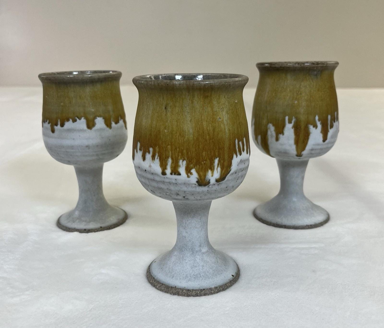 3) Mid Century Stoneware Goblet Studio Art Pottery Brown Drip