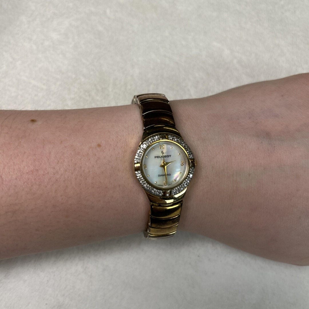 Peugeot Mother-Of-Pearl Face Watch with Gold-Tone Mesh Band and Crystal Bezel Peugeot Women Quartz Wristwatch Gold Tone Mother of Pearl  main image 3