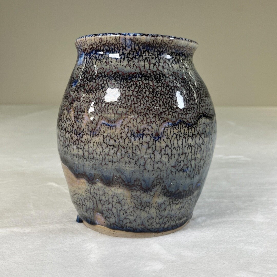 Vintage Studio Art Pottery Glazed Vase Signed White 7 Inch Blue Green ...