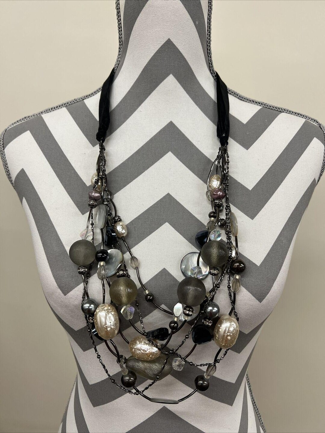 Chico's Seven Strand Beaded Necklace White Purple Black Pewter Ribbon ...