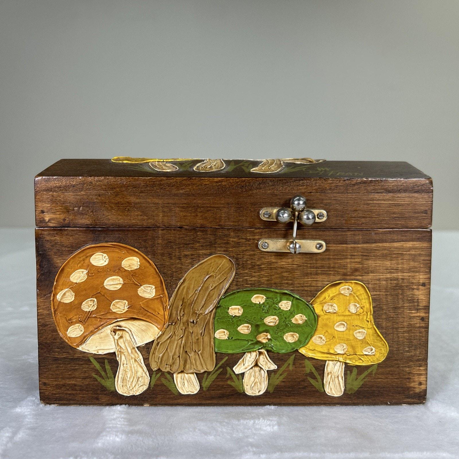 Mushroom Hinged Trinket Box Small Wooden Chest Folk Art Domed