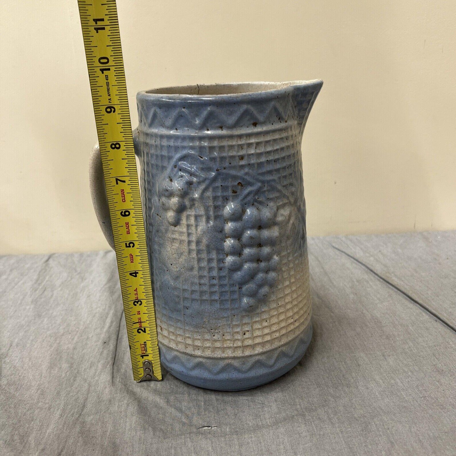 Bone Inlay Rice Pitcher Primitive Antique Primitive Stoneware Blue & White 9.25 Inch Pitcher Grapes FS ...