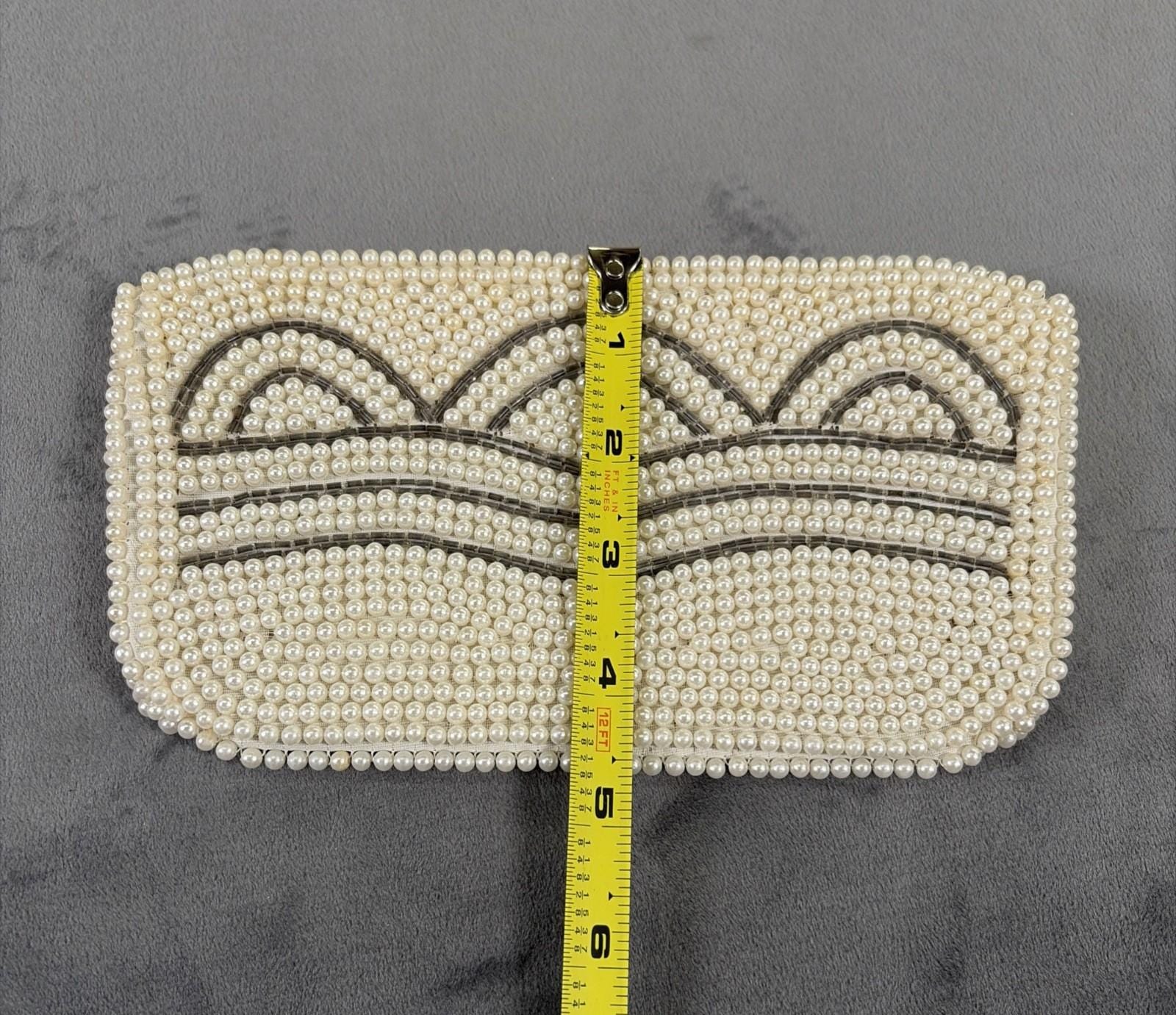 1960's Ivory & Grey Beaded Pearl Clutch Evening Hand Bag Purse