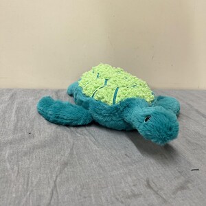 May include: A plush turtle toy in shades of teal and green. The turtle has a textured, light green shell with teal accents and a teal body. The toy is lying on a gray surface.